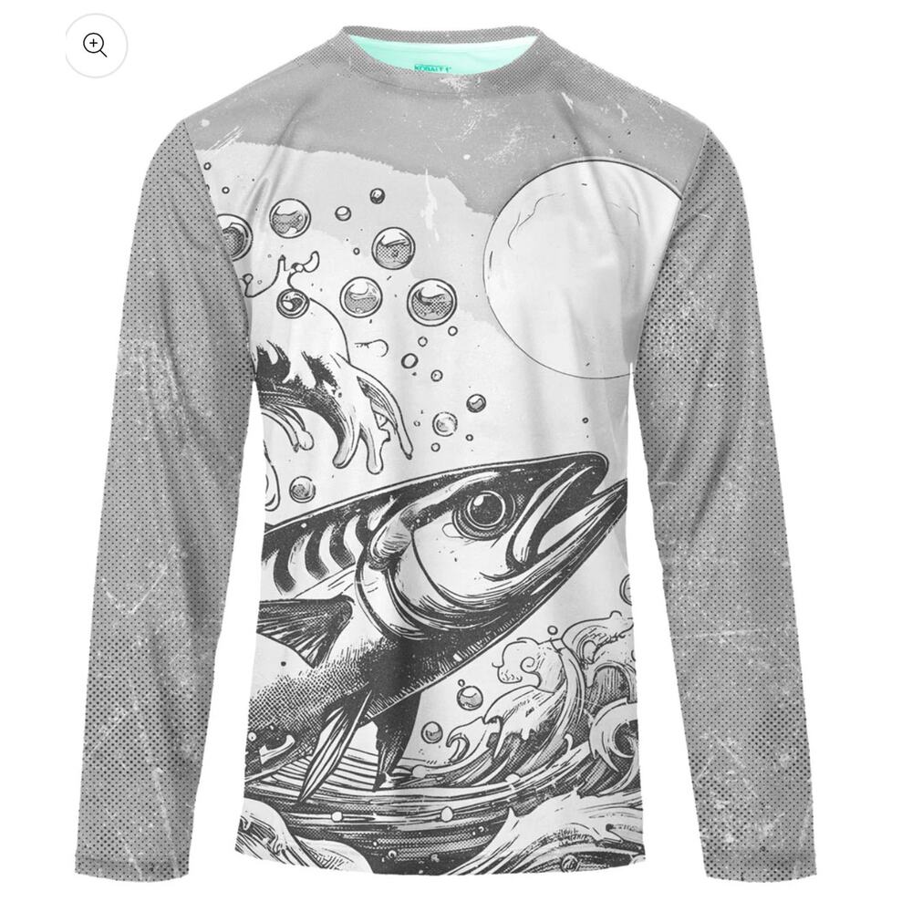 Men's  Performance Long Sleeve Crew Neck with Fish Waves Design Front and Back